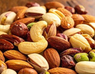 Pile of Assorted Nuts on a Dark Brown Wooden Surface High Angle View Studio Shot