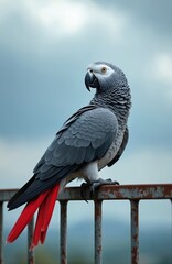 Fototapeta premium Gabonese gray parrot perches on rusty metal railing. Exotic bird with intelligent yellow eyes looks around. Grey plumage, striking red tail feathers contrast with blue sky. Beautiful wild avian