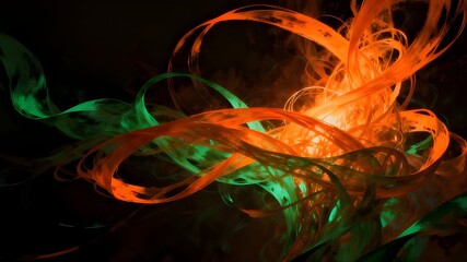 A highly dynamic and abstract image featuring two large, intertwining streams of light and color against a deep black background.