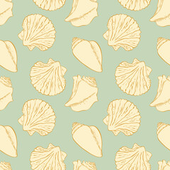 Nautical pattern with shells, hand painted gold outline on pastel green sea background.