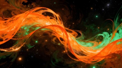 A highly dynamic and abstract image featuring two large, intertwining streams of light and color against a deep black background.