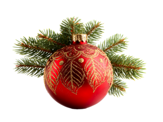 Red Christmas Ornament with Gold Pattern and Pine Branch , isolated on transparent cutout background

