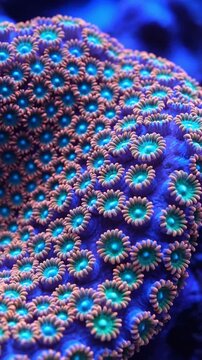 Close up view of coral polyps with blue centers and orange edges in a marine environment setting
