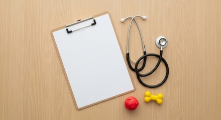 Overhead view of a clipboard with blank white paper, a stethoscope, and colorful pet toys (ball and bone) on a wooden desk, symbolizing veterinary care.