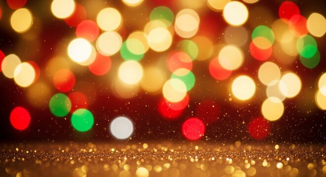 Festive blurred Christmas lights creating colorful bokeh effect with red, green, gold, and white circular lights. Golden glitter sparkles at bottom. Holiday atmosphere.