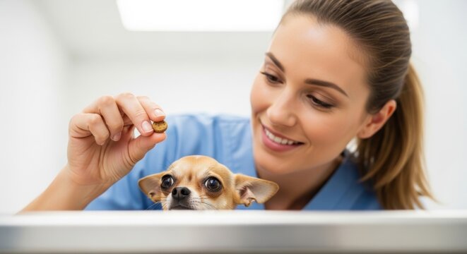 A veterinarian in blue scrubs offers a treat to a Chihuahua, with a bright, clean vet office setting and a friendly atmosphere.