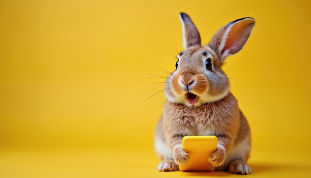 Cute bunny rabbit holds yellow mobile phone on studio background. Funny animal looks surprised, shocked, jaw dropped, watching content, shopping online. Pet uses smartphone, explores digital world,