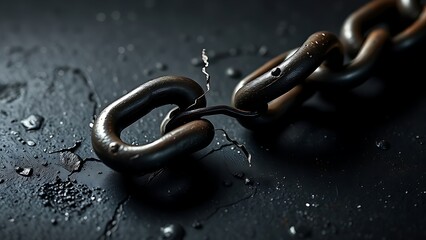 Broken iron chain links on a dark surface, symbolizing liberation and breaking free from constraints.