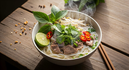 Steaming bowl of authentic Vietnamese Pho with tender beef, fresh herbs, chili, and lime, beautifully presented on a rustic wooden table