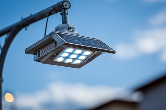 Close-up of a solar-powered street lamp illuminated against a blue evening sky, showcasing sustainable energy technology and modern outdoor lighting solutions
