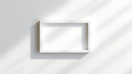 Minimalist white frame floating on light grey background with botanical shadows.