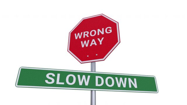 Wrong way slow down Road Signs text words with alpha channel seamless 3D animation