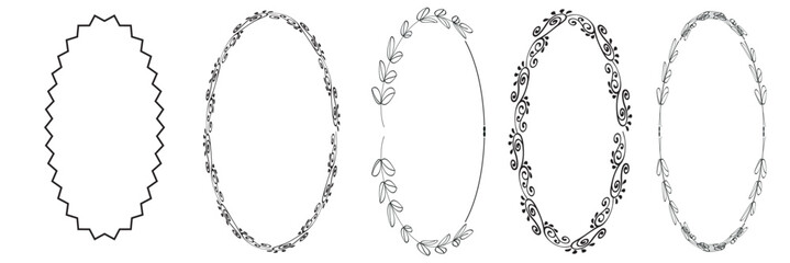 Elegant Oval Frame  with various decorative borders. Decorative hand drawn oval frame outlines in minimalist line art style, ideal for invitations, labels, and elegant graphic design projects.

