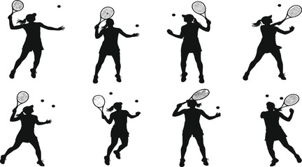 Tennis icon set, silhouette poses with racket and ball showing swing motion, sport, athleticism, timing, vector design, black grid