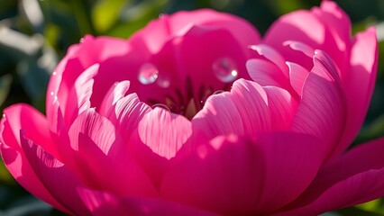 Extreme close-up of a pink peony with dew drops, showcasing delicate floral beauty.