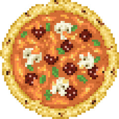 Pixel Art Pizza with Transparent Background Featuring Mushrooms and Pepperoni