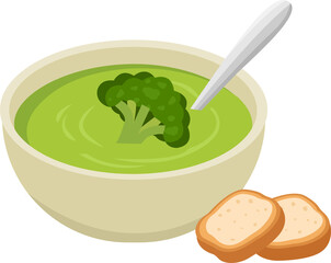Bowl of broccoli cream soup with toasted bread slices. Vector Illustration