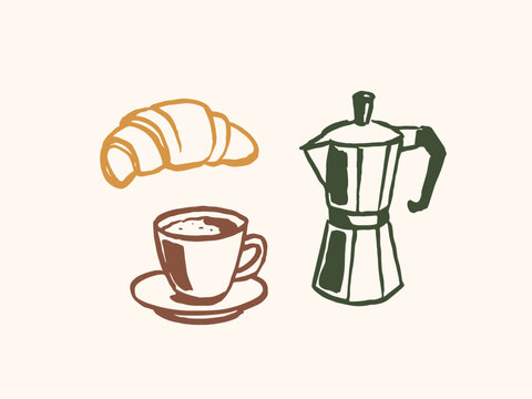 coffee cup moka pot croissant hand-drawn sketch vector illustration