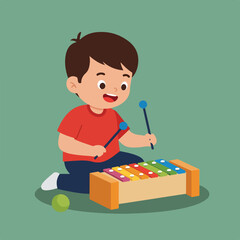 Fototapeta premium A cartoon child sits cross-legged, happily playing a xylophone with mallets against a green background