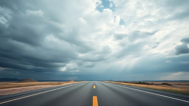 Panoramic view of an empty road under cloudy skies, capturing a serene and open landscape.