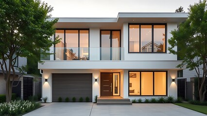 Modern residential architecture with clean lines, bathed in neutral tones under daylight.