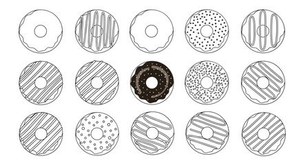 A collection of fifteen outline drawings of donuts with various toppings and icing patterns.