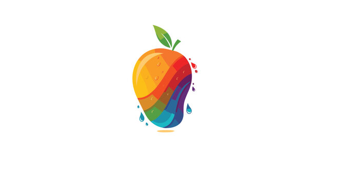 Colorful rainbow mango with water drops and a green leaf, symbolizing freshness and vibrancy.
