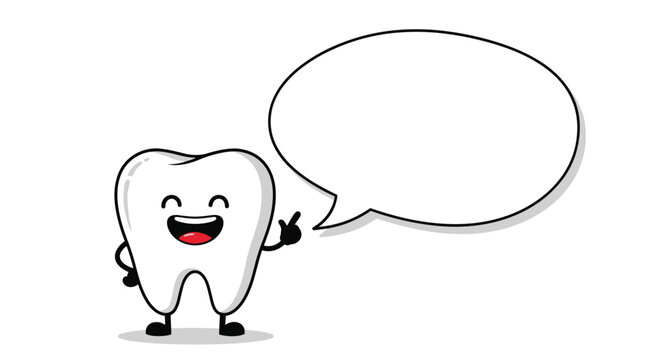 Cartoon tooth character pointing at a speech bubble for dental advice or information.