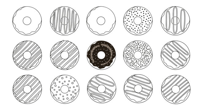 A collection of fifteen outline drawings of donuts with various toppings and icing patterns.
