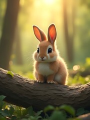 Fototapeta premium Young Rabbit Sitting on Log in Sun-Dappled Forest - Backlit Wildlife Portrait