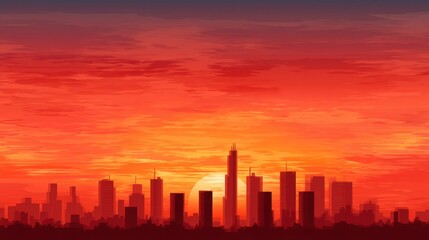 Silhouette of a city skyline at sunset. Modern metropolis building cityscape with a vibrant multicolored sky. Urban evening view.