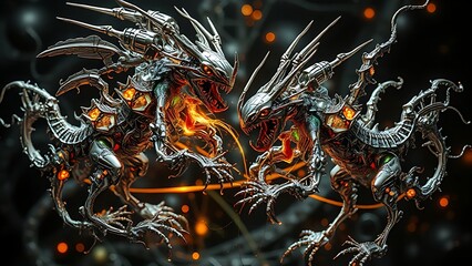 Metallic fractal creatures consuming each other in a cybernetic ecosystem with visible energy transfers.