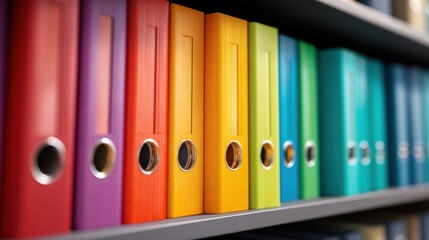Colorful ring binders on a shelf. Organized office supplies for business documentation structure and archive. Education material.