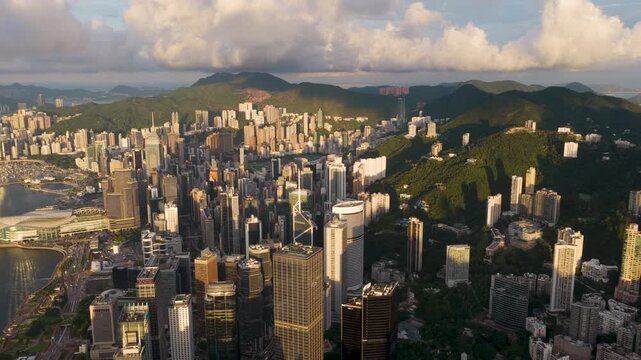 IFC Building Central Hong Kong Aerial Golden Hour 