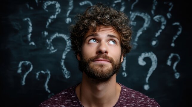 Young man thinking with question marks drawn on chalkboard. Pensive male student having doubts, curiosity, and uncertainty. Problem solving concept artwork.