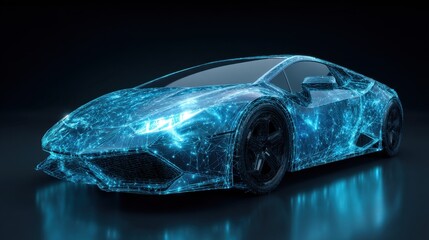 Blue abstract sports car wireframe. Concept of digital design, future technology and automotive engineering. Modern vehicle render.