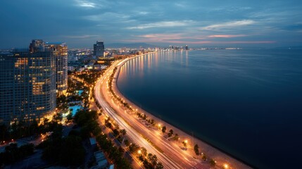 Coastal city skyline at dusk with speed light trail on highway next to ocean. Urban and infrastructure development.
