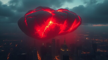 Glowing red continent floating over a city, with luminous tectonic cracks spreading ominously.