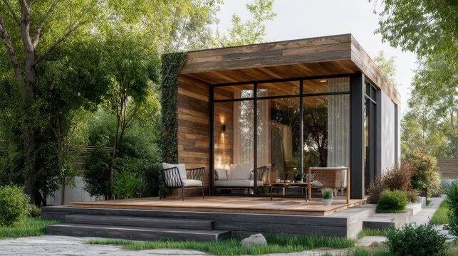 Modern small house with wooden exterior and spacious deck. Eco-friendly bungalow or tiny home concept with outdoor seating. Vacation cabin for rent.