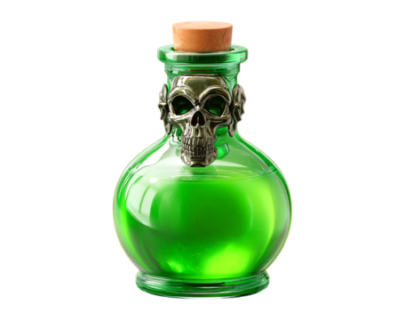Deadly Elixir: Mystical Green Potion Bottle with Skull Ornament isolated on a transparent background