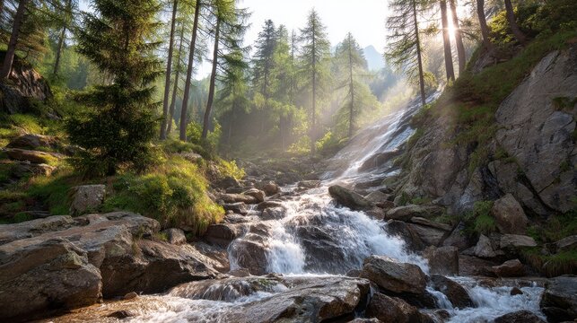 Scenic waterfall cascading down a rocky mountain slope with evergreen trees in sunlit forest. Natural landscape for travel and ecology.