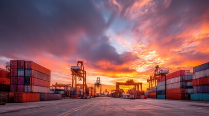 Commercial port with cargo containers and cranes against a dramatic colorful sunset sky. Global logistics and shipping industry concept.