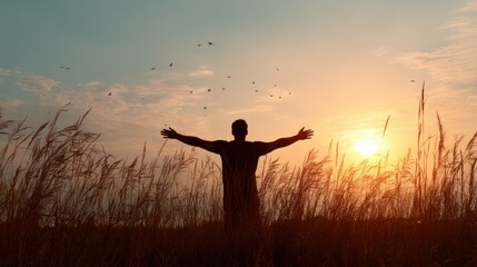 Man with outstretched arm silhouette standing in field with tall grass. Freedom and spiritual concept at sunset with flying birds.