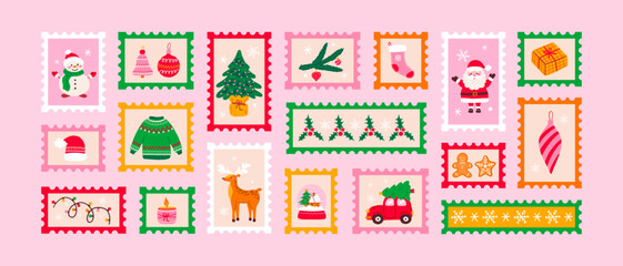 Set of christmas stamp post card illustration. Retro style winter holiday postage sticker collection, xmas celebration mail postmark, festive postal label, print for fabric, wrapping paper, textile