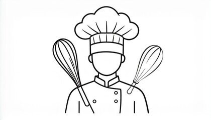 Professional chef illustration with whisks, culinary cooking expert, baking icon, kitchen uniform concept line art