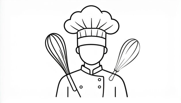 Professional chef illustration with whisks, culinary cooking expert, baking icon, kitchen uniform concept line art - Powered by Adobe