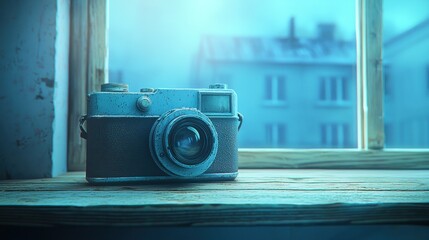 Vintage camera on weathered windowsill, city view.