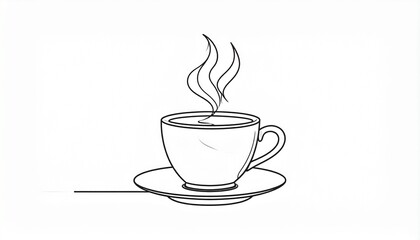 Minimalist continuous line art drawing of a steaming hot cup of coffee or tea on a saucer, simple beverage illustration