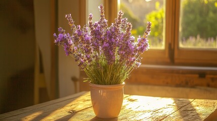 Lavender bouquet in a rustic pot on a wooden table, sunlit.