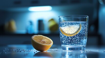 Sparkling water with lemon in glass on kitchen counter.